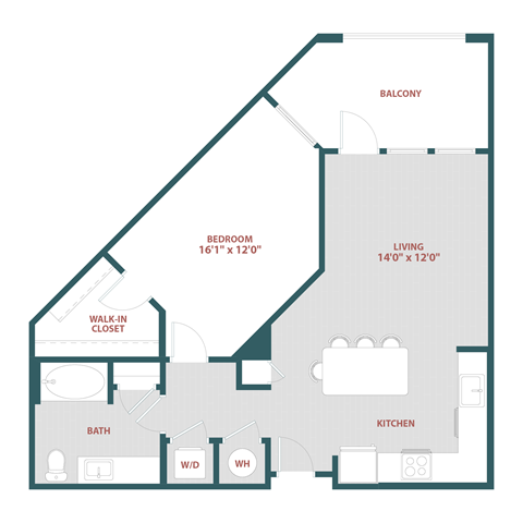 Floor plan for 1 bed, 1 bath, 785 sqft